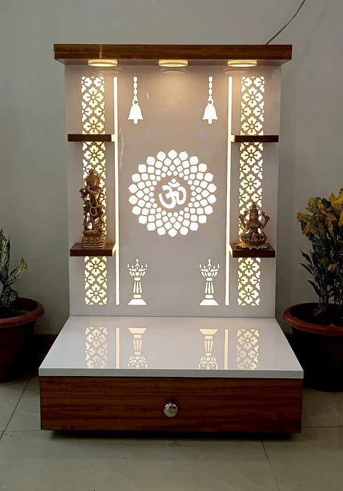 Floor-Mounted Wooden Pooja Mandir with LED Backlit OM Design & Storage Drawer – Modern Home Temple Unit