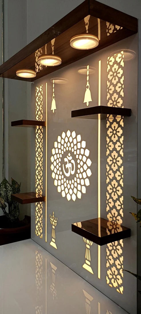 Floor-Mounted Wooden Pooja Mandir with LED Backlit OM Design & Storage Drawer – Modern Home Temple Unit