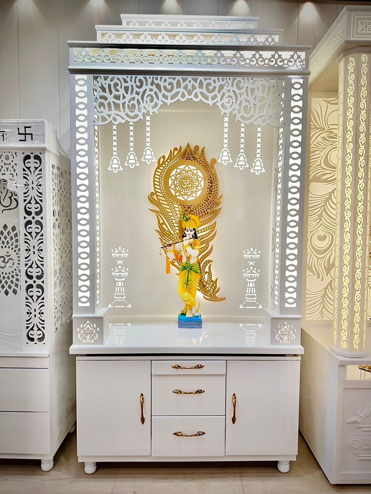 Mandir Gher Tak Exclusively Wooden Home Temple along with 3D Mor Pankh Concept