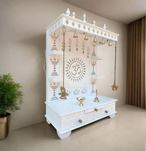 White Wooden Pooja Mandir with Bells & LED Backlight – Handcrafted Temple for Home with Storage Drawers