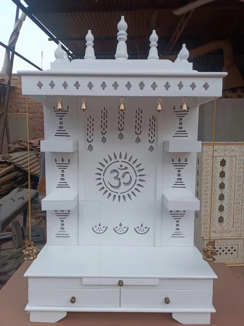 White Wooden Pooja Mandir with Bells & LED Backlight – Handcrafted Temple for Home with Storage Drawers