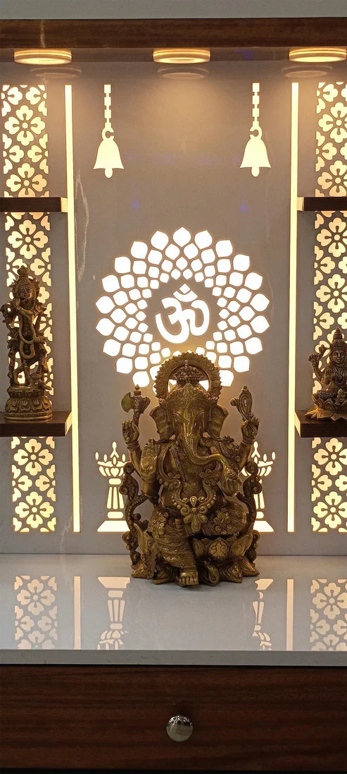 Floor-Mounted Wooden Pooja Mandir with LED Backlit OM Design & Storage Drawer – Modern Home Temple Unit