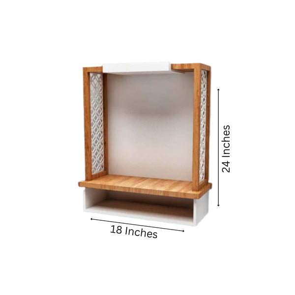 Pooja Mandir Wooden Temple White & Natural Wood Modern Design - Contemporary Wooden Wall-Mounted Pooja Mandir with Intricate Side Panels and Storage Shelf (24 Inches)