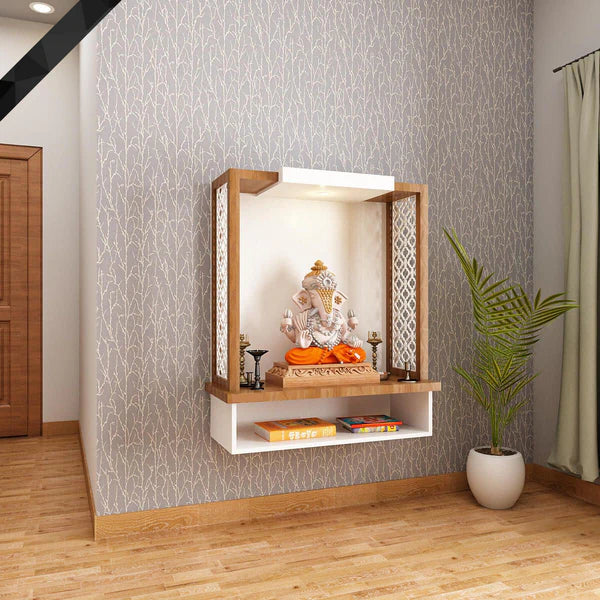 Pooja Mandir Wooden Temple White & Natural Wood Modern Design - Contemporary Wooden Wall-Mounted Pooja Mandir with Intricate Side Panels and Storage Shelf (24 Inches)