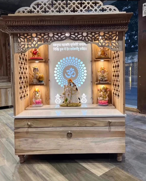 Premium Solid Wooden Home Temple with Acrylic OM LED Backlit Panel & Elegant Carvings – Ideal for Pooja Room