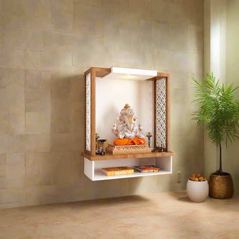 Pooja Mandir Wooden Temple White & Natural Wood Modern Design - Modern Wall-Mounted Pooja Mandir Design | Elegant Home Temple Decor (36 Inches)