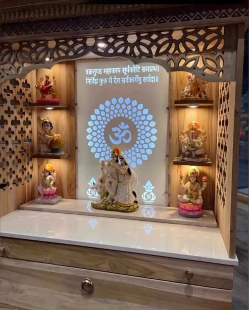 Premium Solid Wooden Home Temple with Acrylic OM LED Backlit Panel & Elegant Carvings – Ideal for Pooja Room