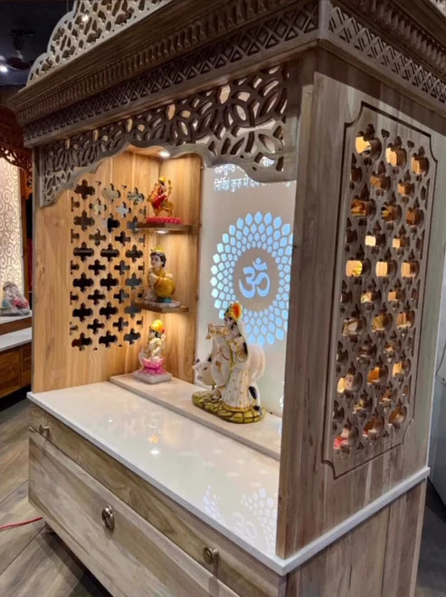 Premium Solid Wooden Home Temple with Acrylic OM LED Backlit Panel & Elegant Carvings – Ideal for Pooja Room