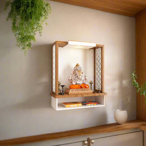 Pooja Mandir Wooden Temple White & Natural Wood Modern Design - Contemporary Wooden Wall-Mounted Pooja Mandir with Open Shelf Design (30 Inches