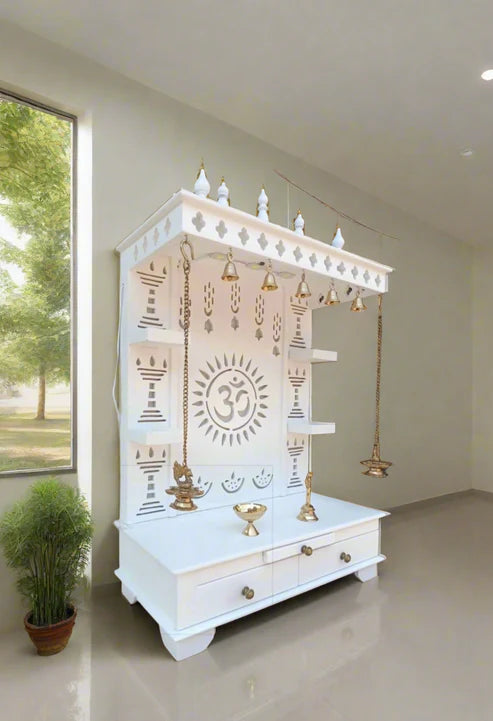 White Wooden Pooja Mandir with Bells & LED Backlight – Handcrafted Temple for Home with Storage Drawers