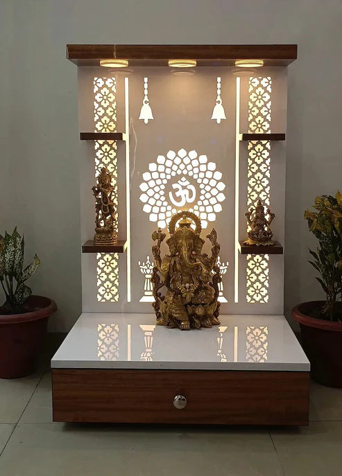 Floor-Mounted Wooden Pooja Mandir with LED Backlit OM Design & Storage Drawer – Modern Home Temple Unit