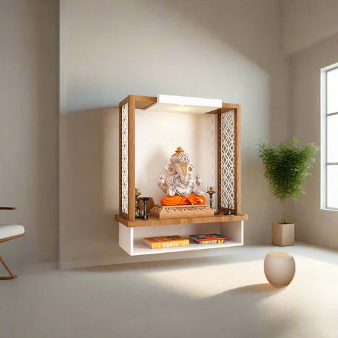 Pooja Mandir Wooden Temple White & Natural Wood Modern Design - Contemporary Wooden Wall-Mounted Pooja Mandir with Open Shelf Design (30 Inches