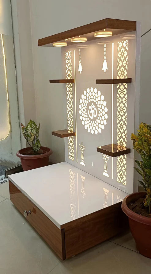 Floor-Mounted Wooden Pooja Mandir with LED Backlit OM Design & Storage Drawer – Modern Home Temple Unit