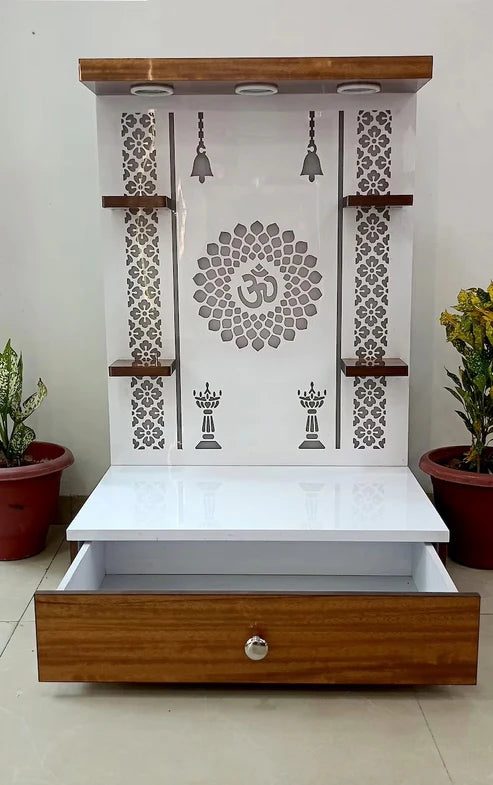Floor-Mounted Wooden Pooja Mandir with LED Backlit OM Design & Storage Drawer – Modern Home Temple Unit