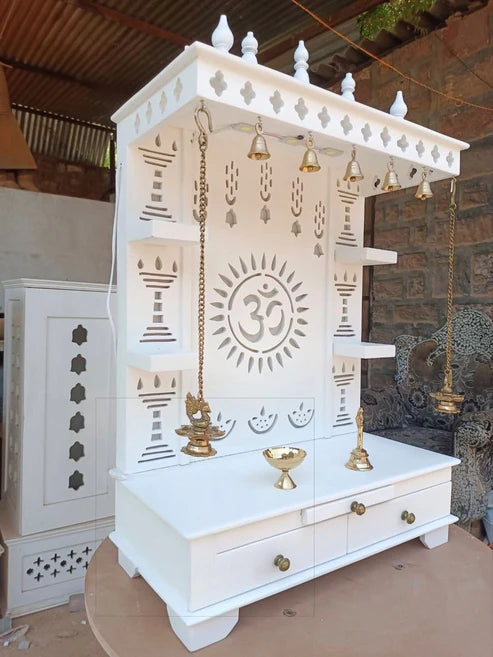 White Wooden Pooja Mandir with Bells & LED Backlight – Handcrafted Temple for Home with Storage Drawers
