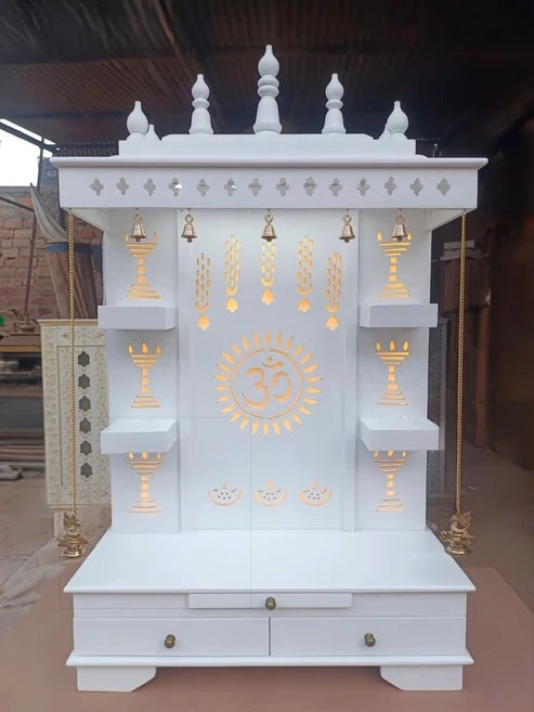 White Wooden Pooja Mandir with Bells & LED Backlight – Handcrafted Temple for Home with Storage Drawers