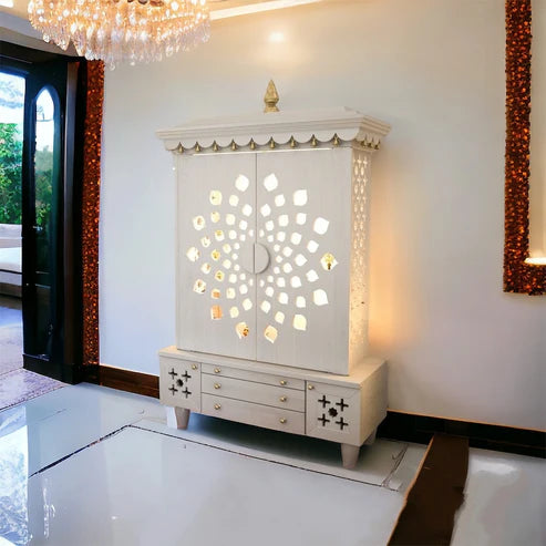 White PU Finish Wooden Pooja Mandir with Intricate Designed & Pure Brass Accents