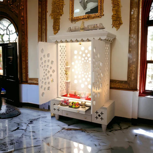 White PU Finish Wooden Pooja Mandir with Intricate Designed & Pure Brass Accents