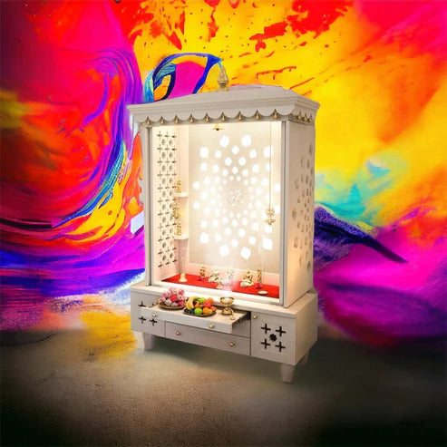 White PU Finish Wooden Pooja Mandir with Intricate Designed & Pure Brass Accents