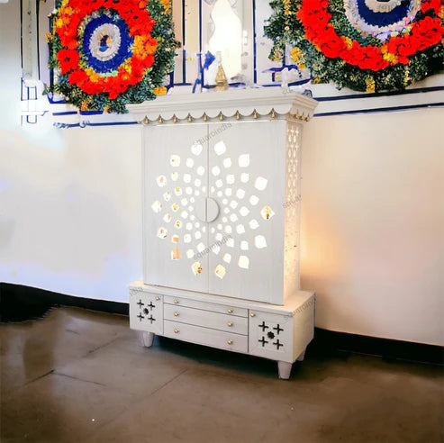 White PU Finish Wooden Pooja Mandir with Intricate Designed & Pure Brass Accents
