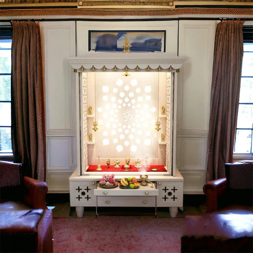 White PU Finish Wooden Pooja Mandir with Intricate Designed & Pure Brass Accents