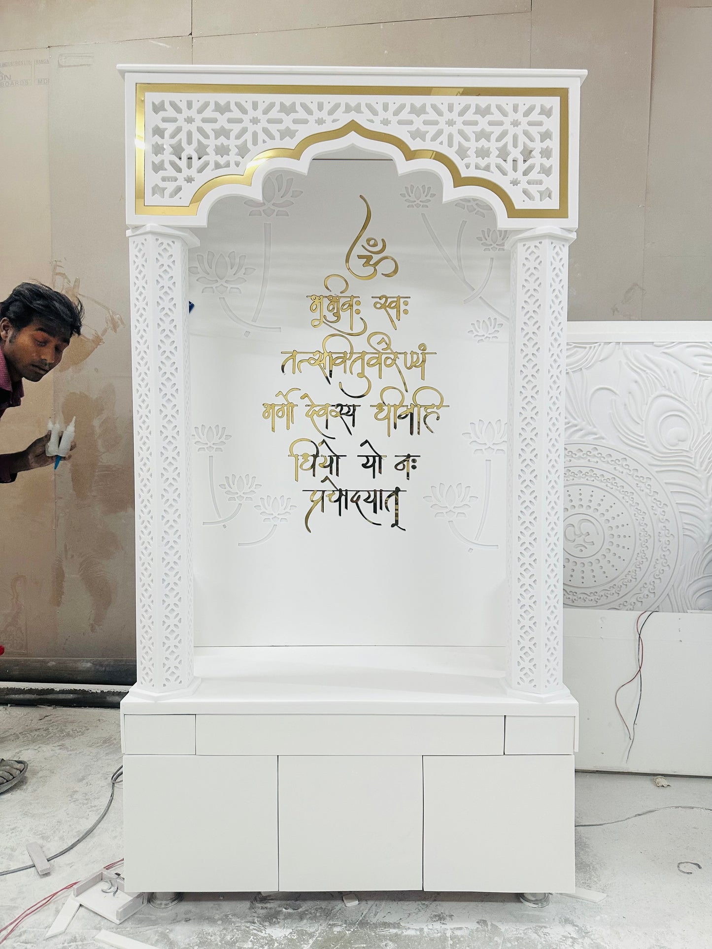 Mandir Gher Tak Exclusively Corian Home Temple along Golden Gayatri Mantra