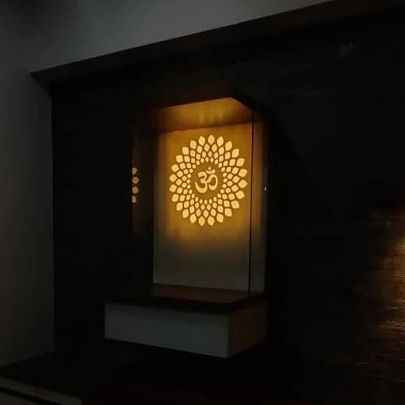 Pooja Mandir Wooden Temple White & Brown for Home and Office - Modern Wall-Mounted Pooja Mandir with LED-Lit Om Design for Contemporary Homes