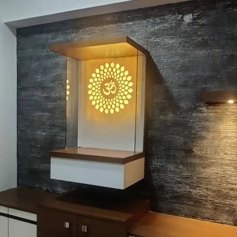 Pooja Mandir Wooden Temple White & Brown for Home and Office - Modern Wall-Mounted Pooja Mandir with LED-Lit Om Design for Contemporary Homes